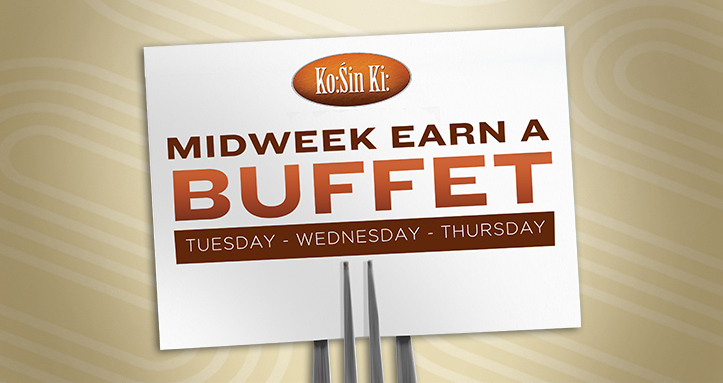 ko:sin ki:buffet midweek earn a buffet tuesday, wednesday, thursday